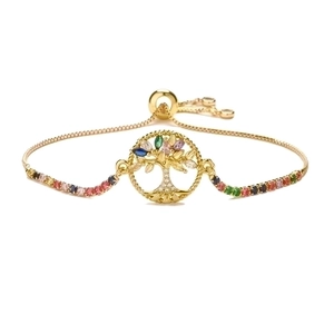 Golden Tree of Life bracelet featuring colorful zircon stones and adjustable chain strap