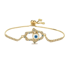 Adjustable gold Hamsa hand bracelet with sparkling zircon evil eye charm for women