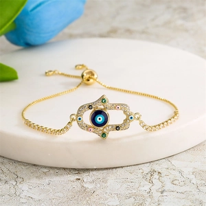 Hamsa Hand Evil Eye Copper Zirconia Bracelet For Women Gold Plated Adjustable Pull Chain Amulet Protection Jewelry Gift