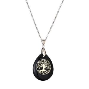 Tree of Life necklace with black teardrop crystal pendant on silver chain for women
