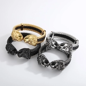 Men's stainless steel lion head braided bracelets in gold, silver, black and gunmetal