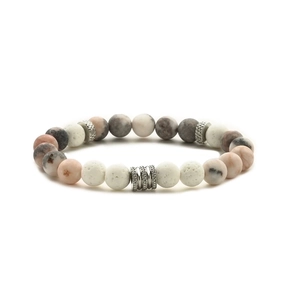 Handmade beaded bracelet with pink zebra stone, white lava rock, and gray marble beads