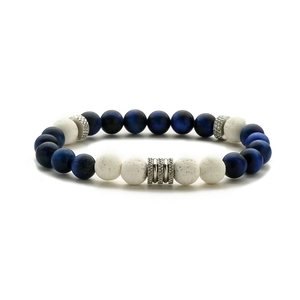 Blue tiger eye and white volcanic stone beaded bracelet with vintage metal spacers