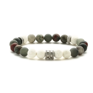 Blue Tiger Eye and volcanic stone beaded bracelet with stainless steel accents