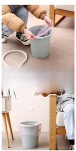 Detail showing the process of fitting a trash bag into a minimalist vertical striped bin