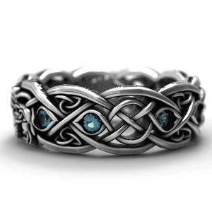 Retro silver Celtic knot ring with three round dark blue stones for men street style