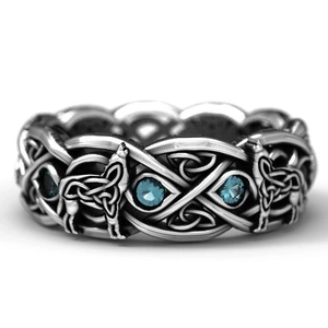 Retro wolf totem ring in antique silver finish with Celtic knots and blue gemstones