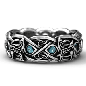 Vintage wolf totem ring for men with Celtic knots and round blue gemstones in silver finish
