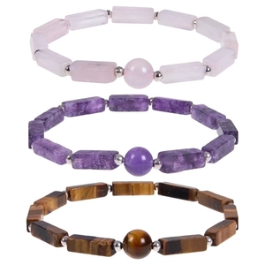 Natural Amethyst Rose Quartz Tiger Eye Stone Bracelet Rectangle Bar Round Beaded Elastic Healing Jewelry For Women Men