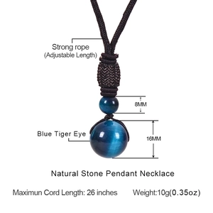 Blue Tiger Eye stone pendant necklace with 16mm bead and adjustable woven rope