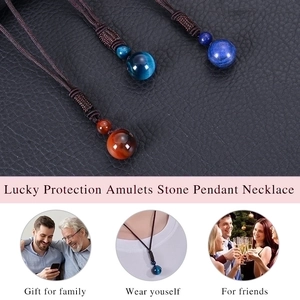 Natural tiger eye stone pendant necklace with hand-woven cord and crystal beads