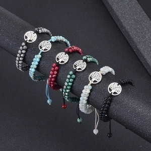 Set of six double-layer braided natural stone bracelets featuring Tree of Life metal charms