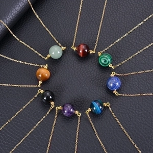 Natural Stone Pendant Necklace Round Ball Amethyst Tiger Eye Malachite Minimalist Elegant Jewelry Adjustable Chain Gift