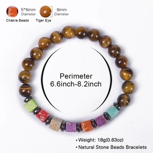Elastic tiger eye stone bracelet with colorful square chakra beads on white background