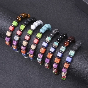 Colorful square natural tiger eye and turquoise stone elastic yoga bracelets for women