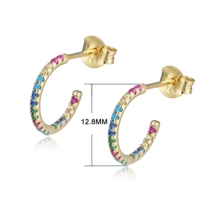 S925 sterling silver C-shaped hoop earrings with colorful pavé cubic zirconia 12.8mm