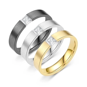 Minimalist brushed titanium steel rings set with square-cut zircon in gold, silver, and black