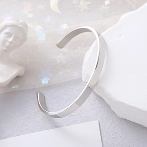 Minimalist silver-tone polished stainless steel C-shaped open cuff bracelet for women