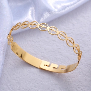Adjustable golden stainless steel oval bangle with hollow heartbeat pulse wave design