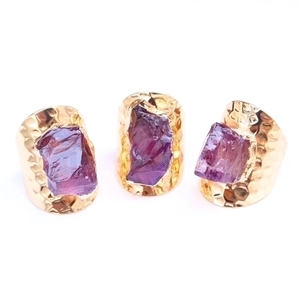 Natural Amethyst Citrine Crystal Ring Hammered Gold Plated Wide Band Irregular Raw Stone Bohemian For Women Men