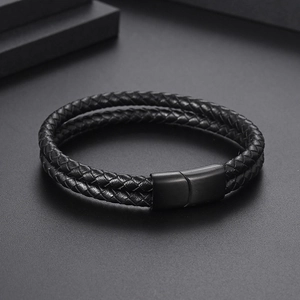 Men Double Strand Woven Leather Bracelet Vintage Stainless Steel Magnetic Clasp Retro Jewelry