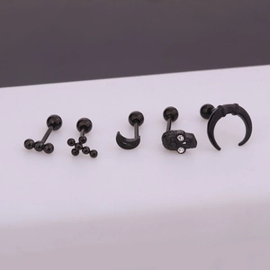 Black stainless steel moon and cross cartilage piercing stud earrings set for men and women
