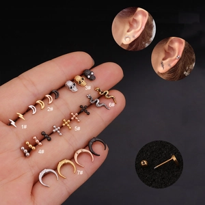 Stainless Steel Cartilage Stud Earrings For Men Women Threaded Ball Back Moon Snake Cross Fashion Piercing Jewelry