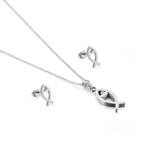 Elegant silver fish pendant necklace and matching stud earrings jewelry set with zircons