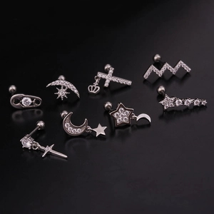 Silver stainless steel ear bone studs with zircon moon, star, and cross pendants