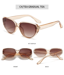 Detail view of cat eye sunglasses showing tea gradient lenses and frame specifications