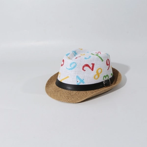 Detailed macro of kids straw fedora with colorful number print and leather strap buckle