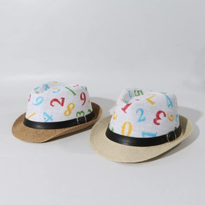 Kids breathable mesh straw fedora hats with colorful numbers pattern for summer sun protection