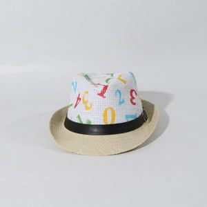 Close-up of kids straw sun hat with mesh crown and colorful printed numbers detail