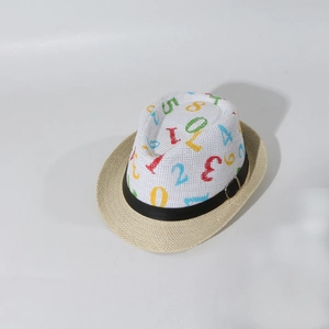 Detail of kids straw sun hat featuring colorful number prints and breathable mesh top