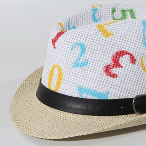 Close-up of children's straw hat showing colorful numeric embroidery and black leather strap