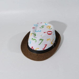 Detail of colorful printed numbers on a white woven fedora hat with a brown brim