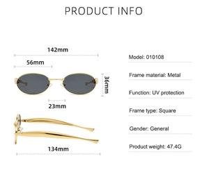 Dimensions détaillées des lunettes de soleil ovales en métal doré avec protection UV