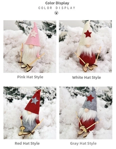 Detail of Christmas gnomes with wooden skis and felt hats in four winter colors