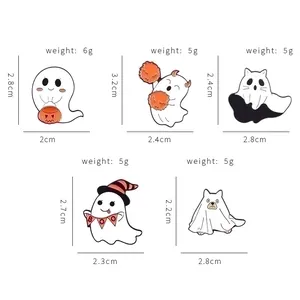 Ghost series enamel pins with measurements for pumpkin, wizard, and pet ghost styles