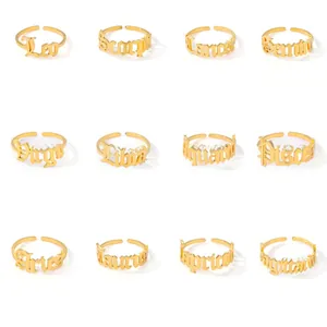 Gold stainless steel 12 zodiac rings set with gothic font and adjustable band design