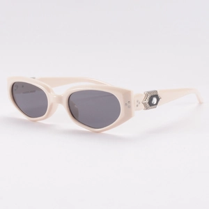 Retro cream cat-eye sunglasses with grey lenses and hexagonal crystal temple detail