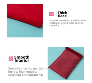 Detail of red plush drawstring jewelry pouch showing thick bottom and smooth inner stitching