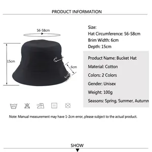 Unisex black cotton bucket hat with metal rings and pins, shown with size specifications