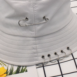 Unisex light grey cotton bucket hat with silver safety pin and 5 metal rings punk style