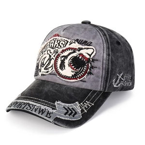 Washed Cotton Baseball Cap Shark Embroidery Distressed Patch Outdoor Breathable Sun Protection Streetwear For Men Women