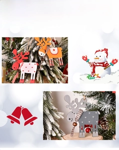 Detail of wooden reindeer ornaments with plaid scarves and heart patterns for Christmas tree