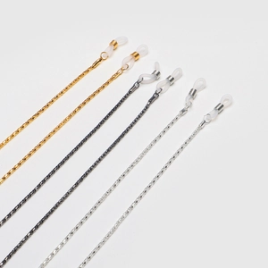 Detail of metal eyeglass chains in gold, silver, and black with non-slip silicone loops