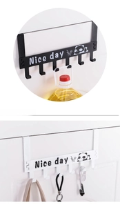 Detail of panda over-the-door 6-hook rack showing heavy-duty load capacity with bottles