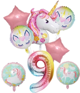 Detailed set of unicorn birthday party balloons featuring a gradient number nine and stars
