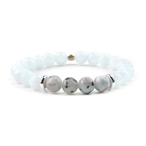 Detailed view of moonlight beaded bracelet with light blue and grey natural stones and silver spacers